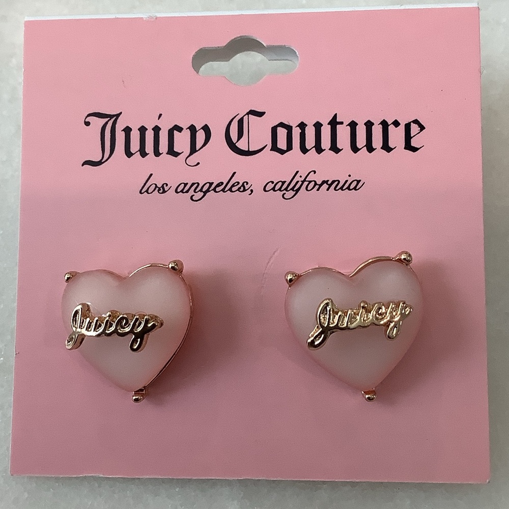 Juicy Couture Light Pink Heart Stud Earrings with Gold Logo, Brand New